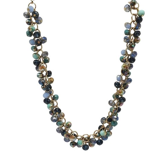 Long Crystal Beaded Gold Tone Chain Necklace With Blue Glass Beads Lobster Clasp - Picture 1 of 7